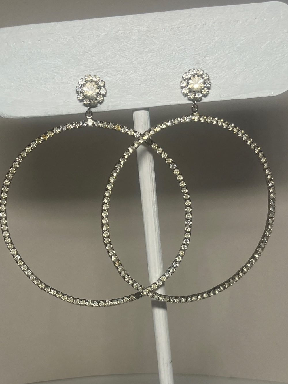 Vintage Jumbo Crystal Silver-Tone Drop Hoop Earrings